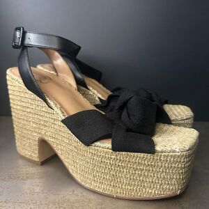 Sam Edelman Bow Wedge Sandals 9.5 Espadrille Platform Ankle Strap Black Theresa